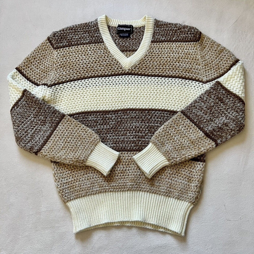 Vintage Afghan Crochet Style V-Neck Knit Sweater Women’s M Brown Beige Cream